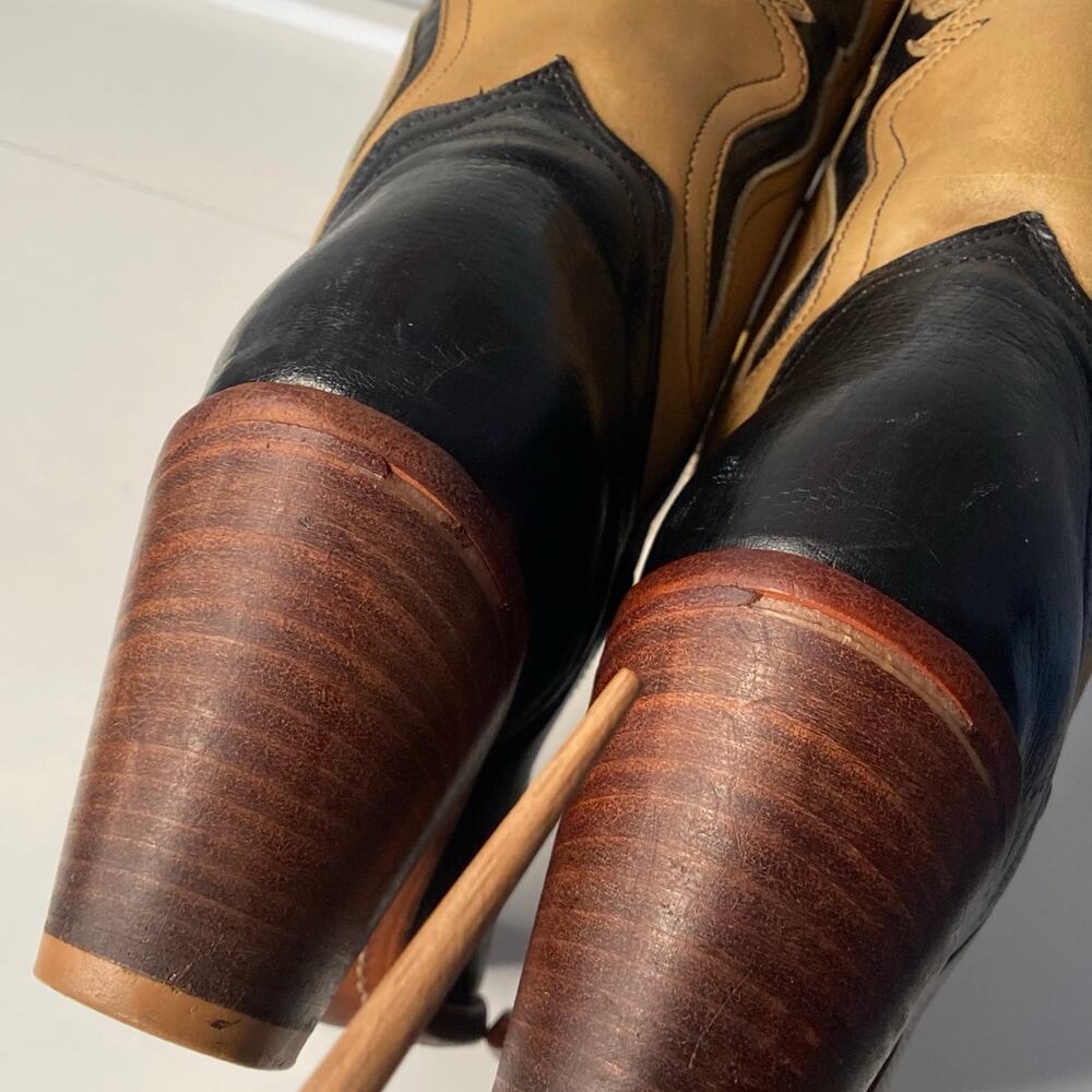 Frye Longhorn Inlay Leather Cowgirl Boots Sz 7.5 Black Tan Leather Vintage - Picture 8 of 16